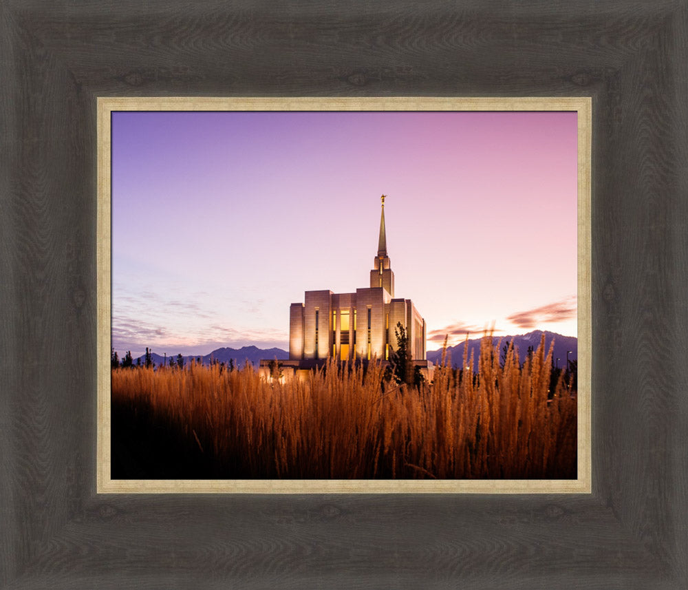 Oquirrh Mountain Temple - Morning Twilight 12x14 framed textured print medium brown frame