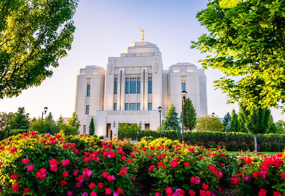 The Meridian Idaho Temple with pink flowers.