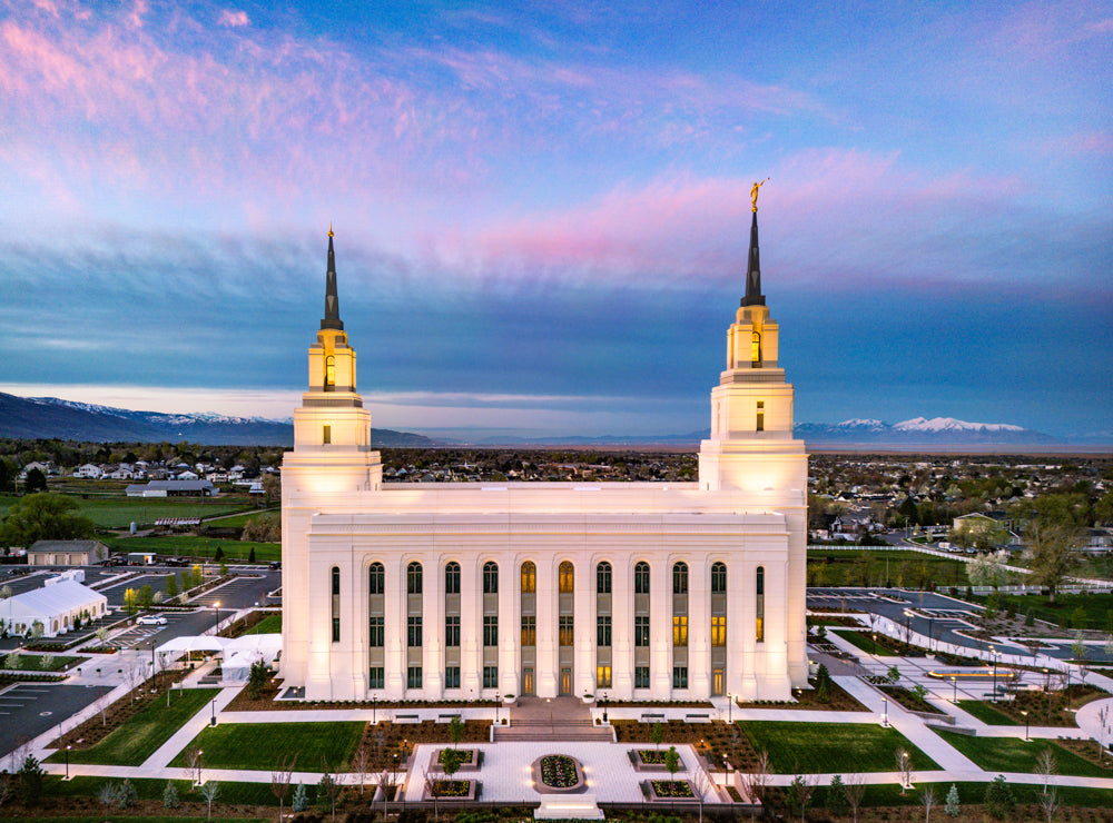 The Layton Utah Temple from above at dusk.