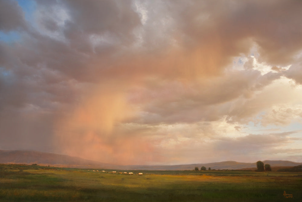 Pioneer wagon train traveling across the plains at sunset.