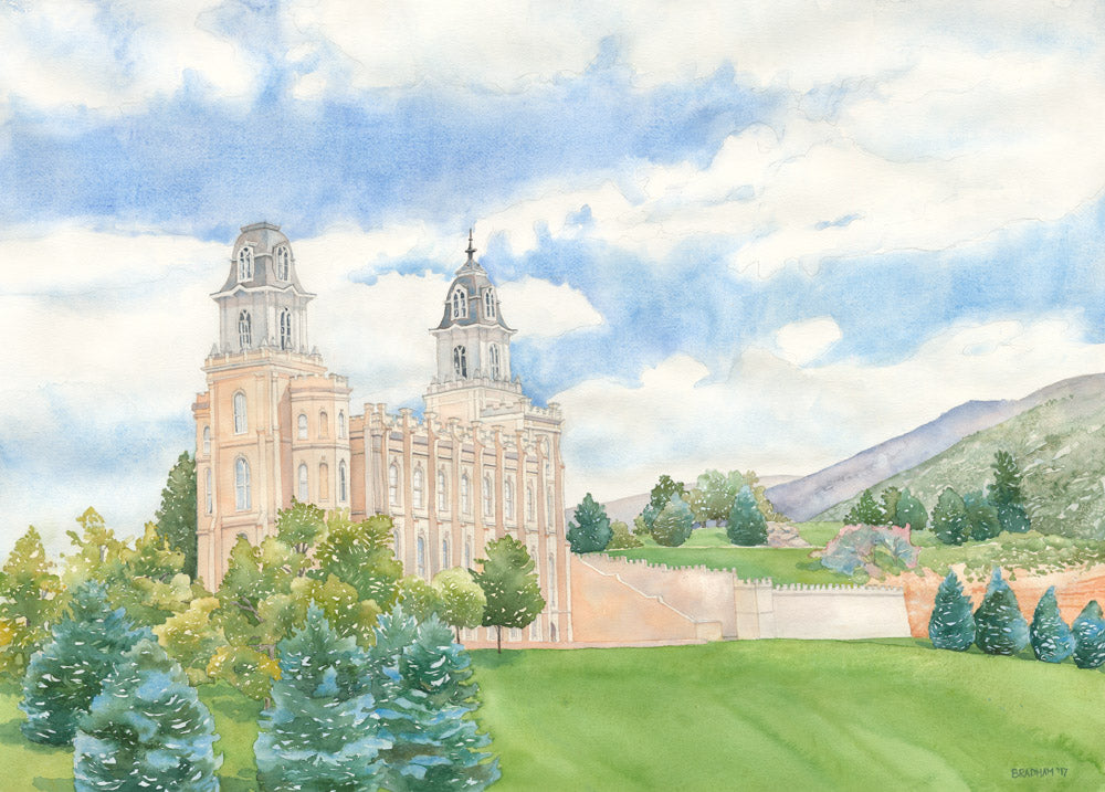 Watercolor painting of the Manti Utah Temple on a green hill with blue sky.