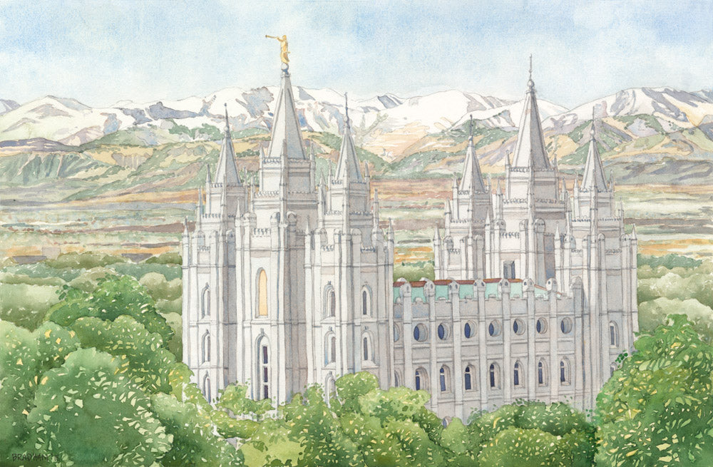 Watercolor painting of the Salt Lake Utah Temple surrounded by green trees.