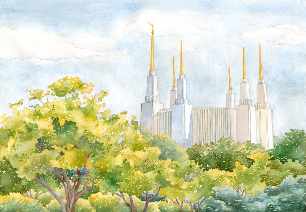 Watercolor painting of the Washington DC Temple behind green trees.
