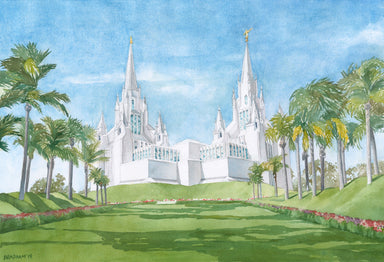 Watercolor painting of the San Diego California Temple with blue skies. 
