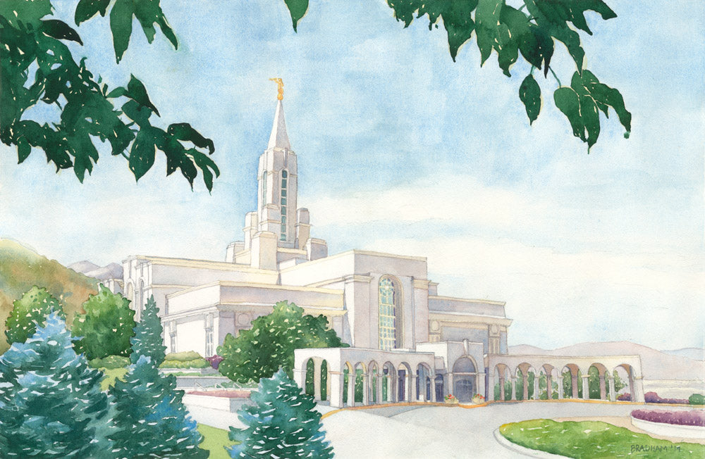Watercolor painting of the Bountiful Utah Temple with blue skies.