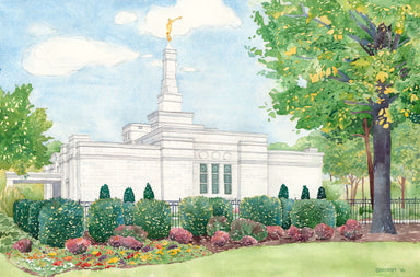 Watercolor painting of the Nashville Tennessee Temple with blue skies. 