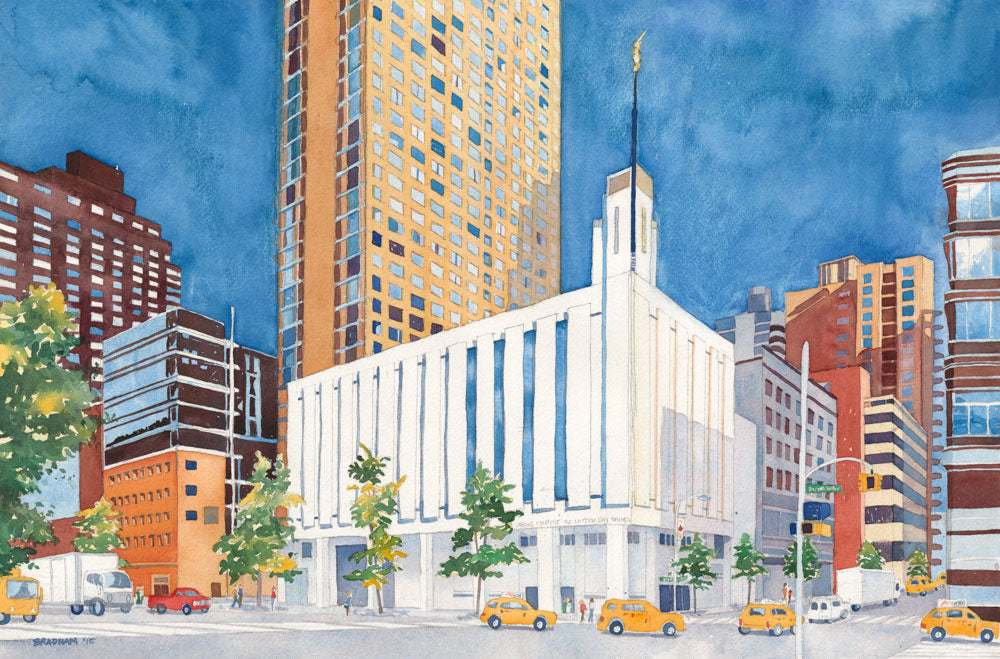 Watercolor painting of the Manhattan New York Temple surrounded by city.