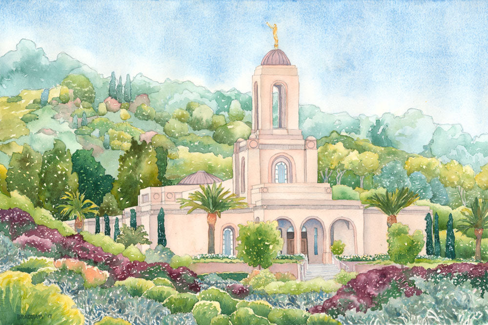 Watercolor painting of the Newport Beach California Temple.
