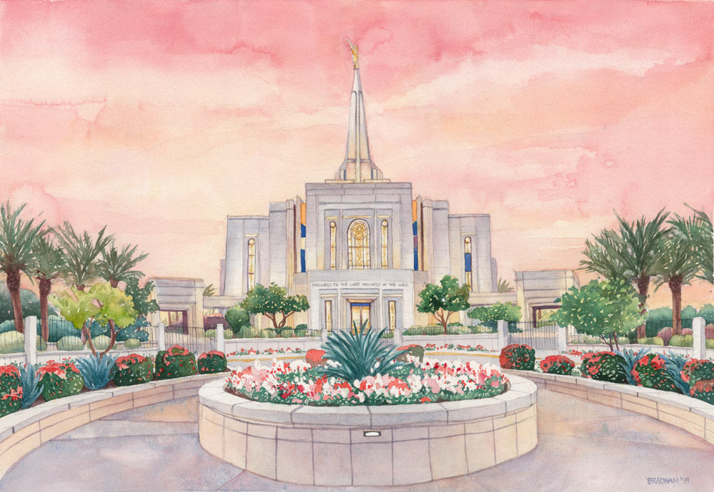 Watercolor painting of the Gilbert Arizona Temple with pink skies.