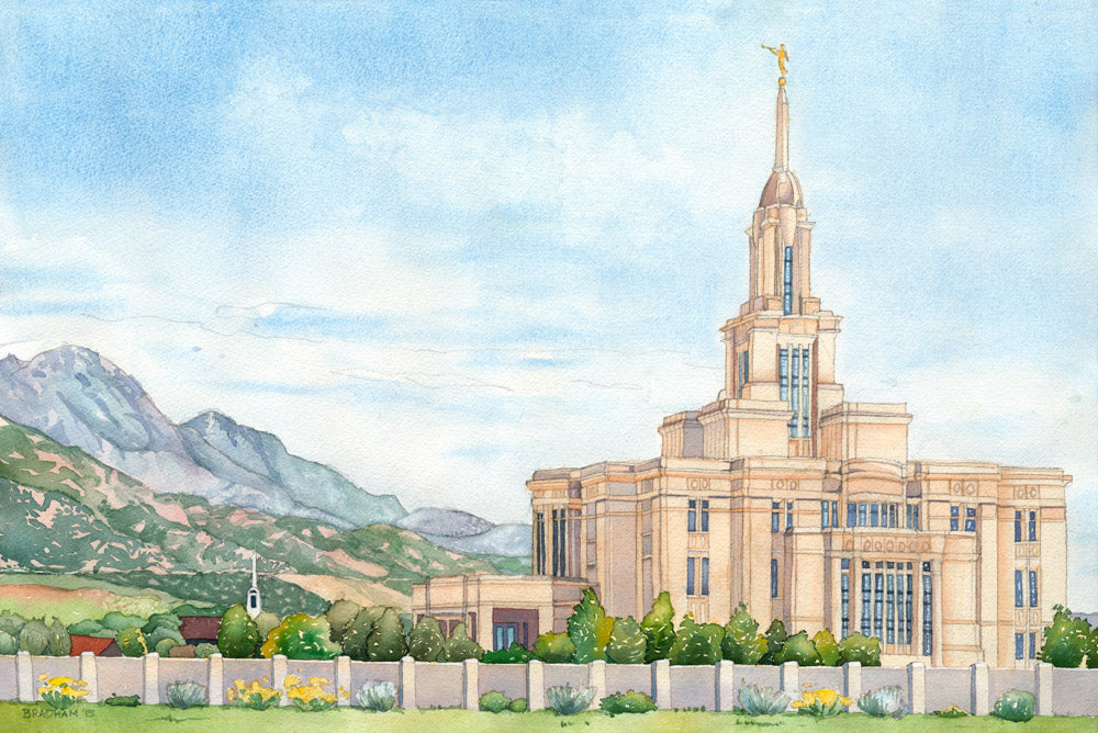 Watercolor painting of the Payson Utah Temple with blue skies.