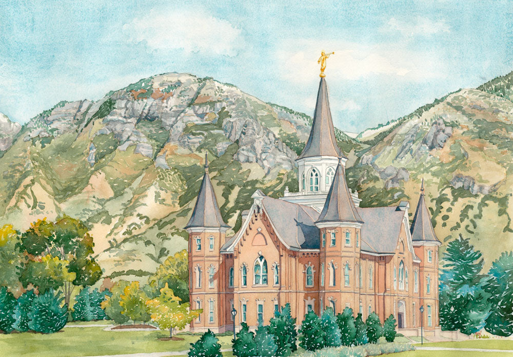 Watercolor painting of the Provo City Center Utah Temple with Mountains.