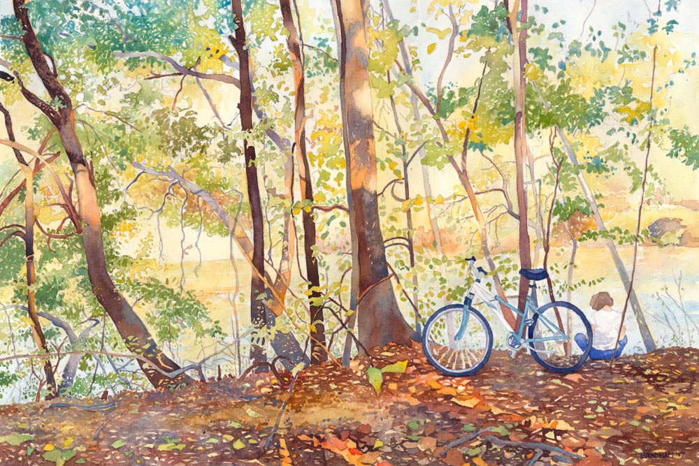 Watercolor painting of a bike leaned against a tree.