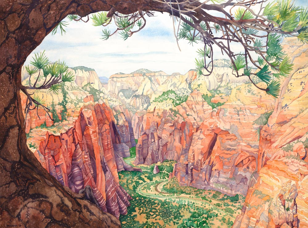 Watercolor painting of a view of red rock cliffs in Zions National Park.