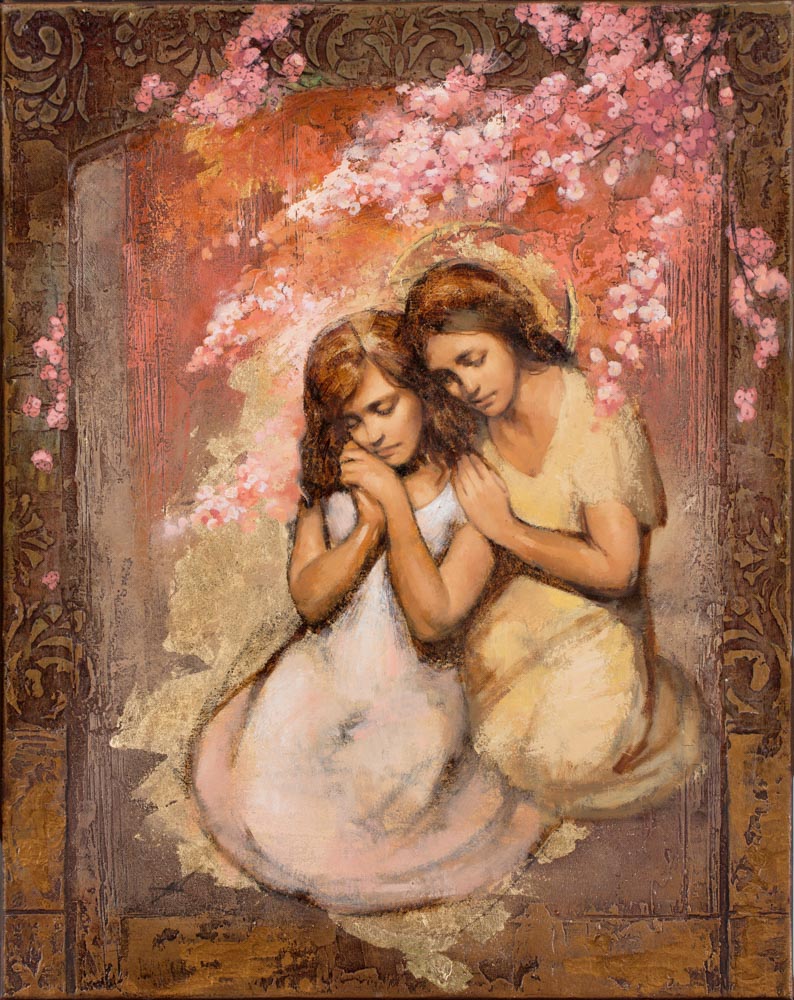 A women praying and being comforted by an angel.
