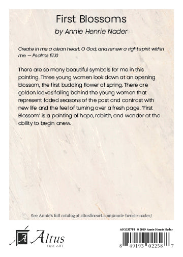 Three young women look down at an opening blossom- Art