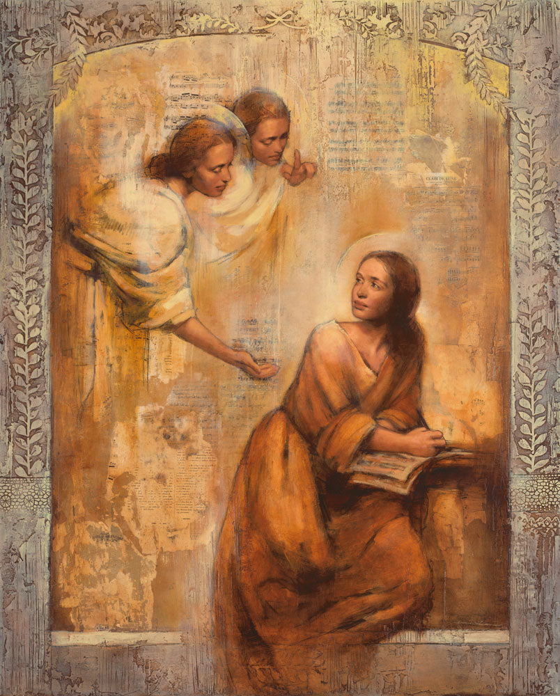 Women receives inspiration from two angels above her.