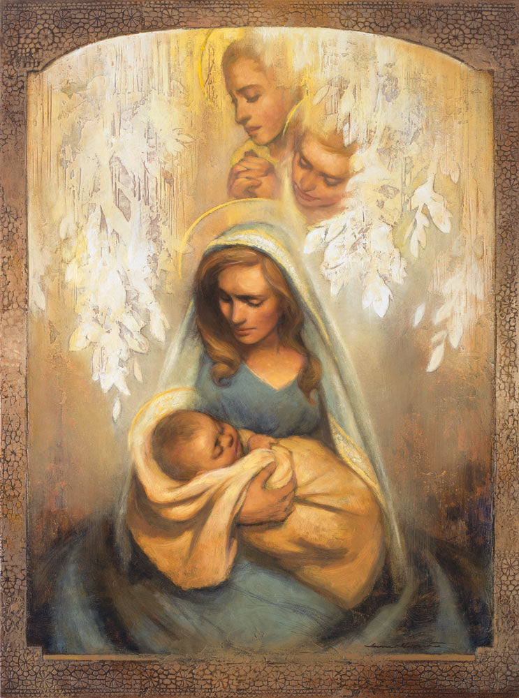 Mother holds baby as angels watch over and comfort her.