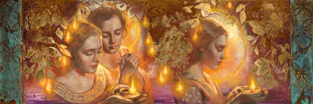 Women holding lamps surrounded by gold leaves.