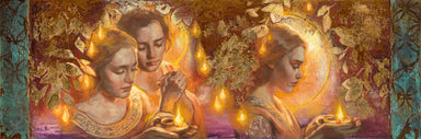 Women holding lamps surrounded by gold leaves. 