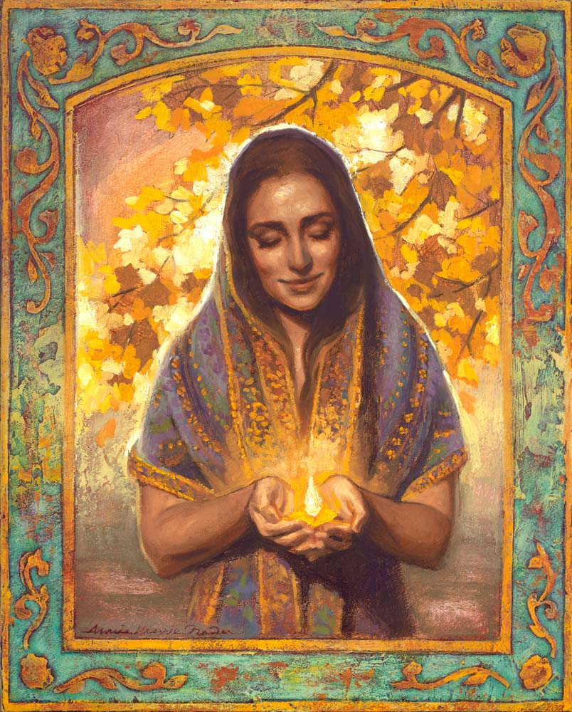 A women holding light in hands looking forward.
