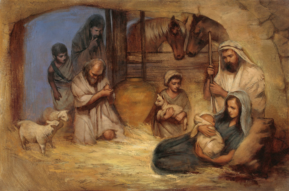 Wise men presenting their gifts to Jesus in the manger.