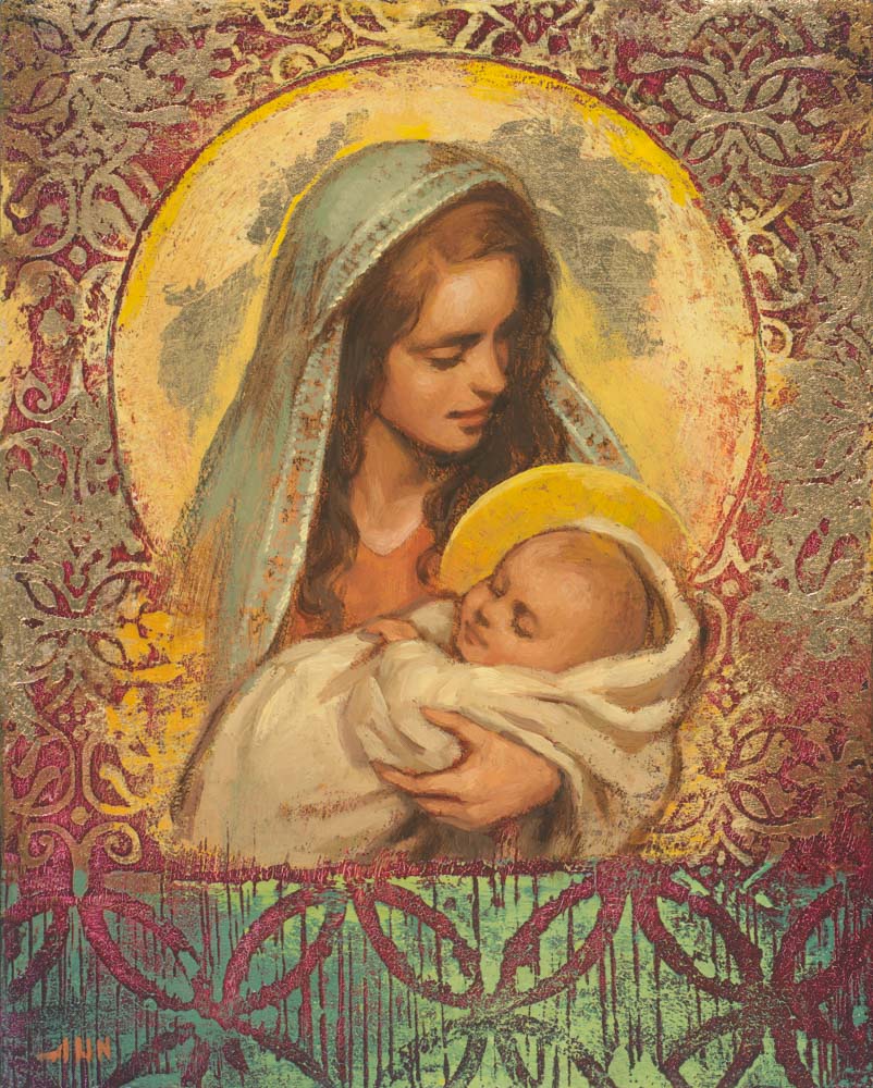 Mary holding baby Jesus with halo around Mary's head.