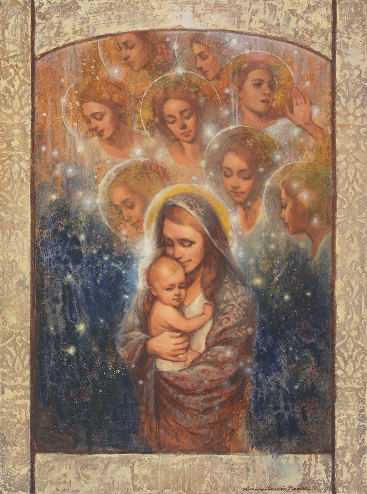 Angels watching over Mary and the new born baby Jesus.