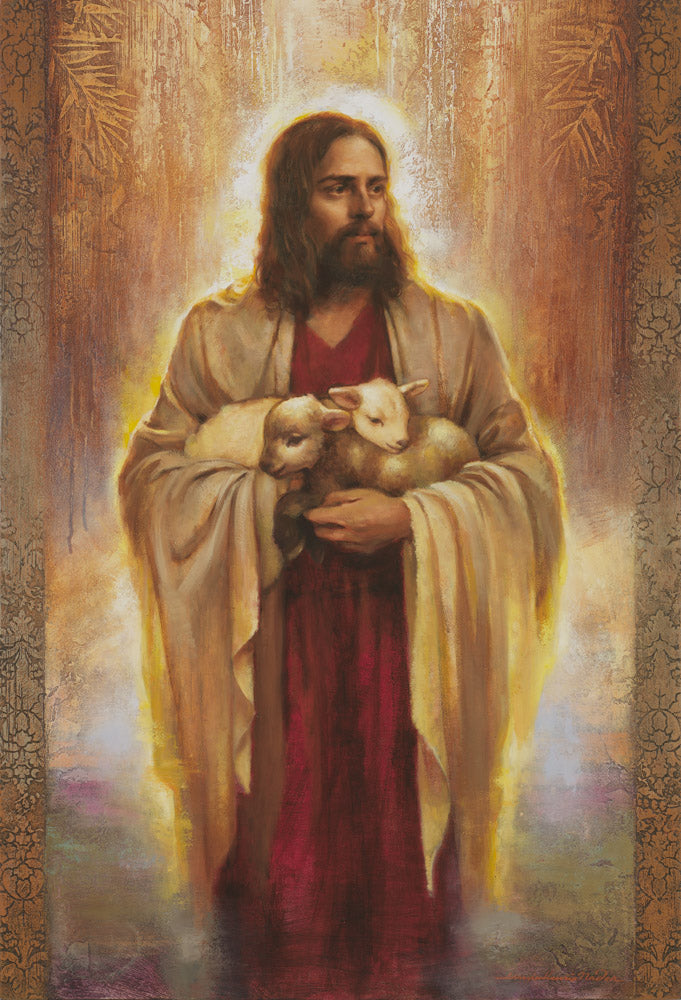 Jesus standing holding two lambs.