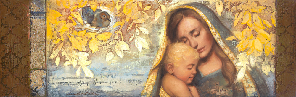 A mother sings to child while birds in the tree above watch.