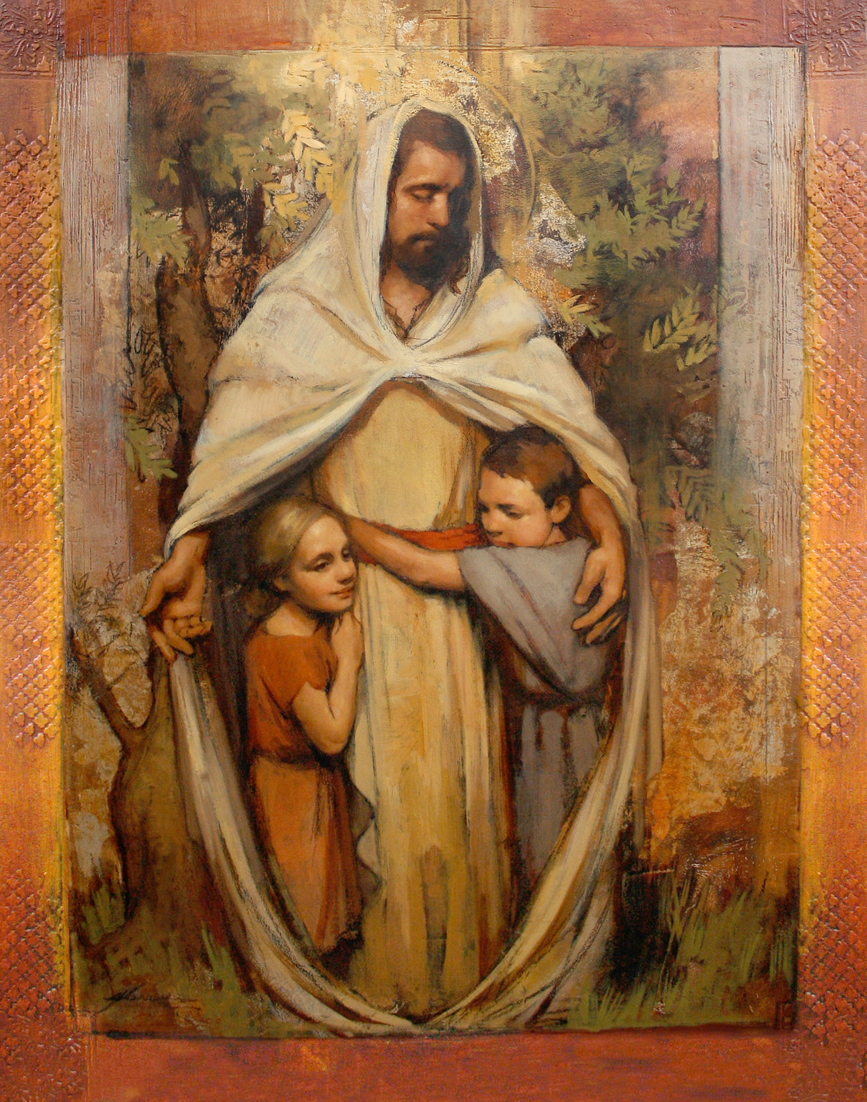 Jesus Christ with his arms around two children.