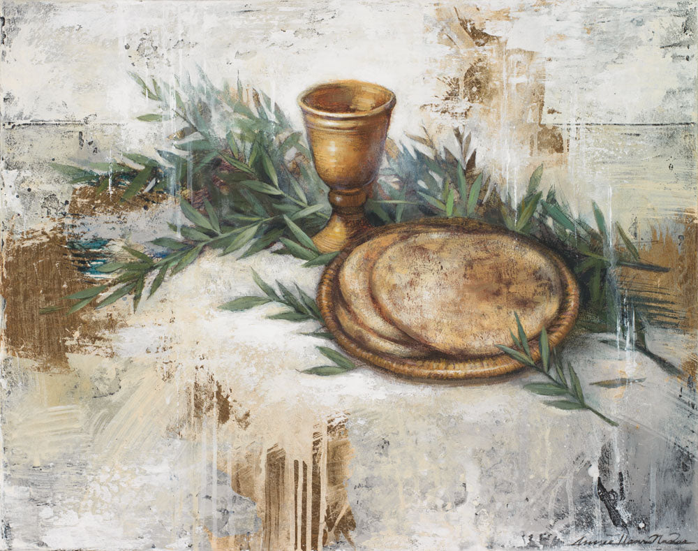 A symbolic painting of bread representing Christs body, a cup representing His blood, and olive branches representing the Atonement.