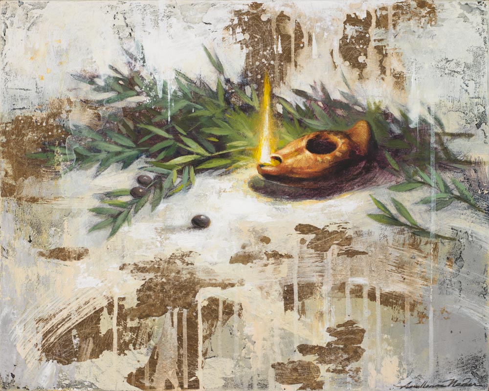 A symbolic painting of an oil lamp representing Jesus as the light of the world, and olive branches representing His Atonement.