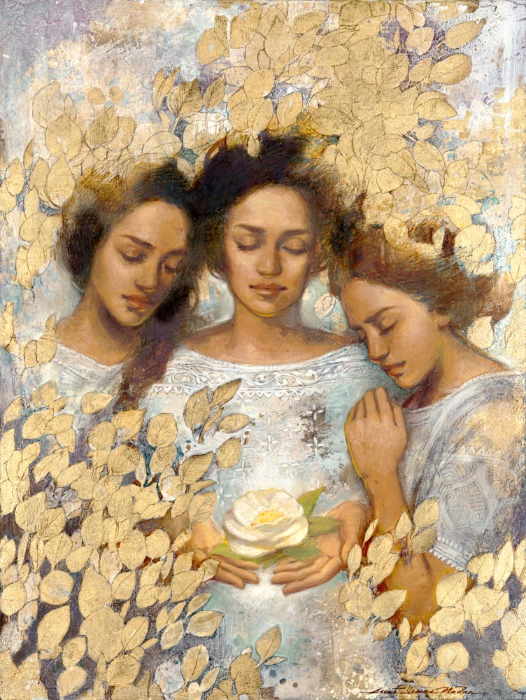 Three young women holding a glowing flower and standing together among golden leaves.