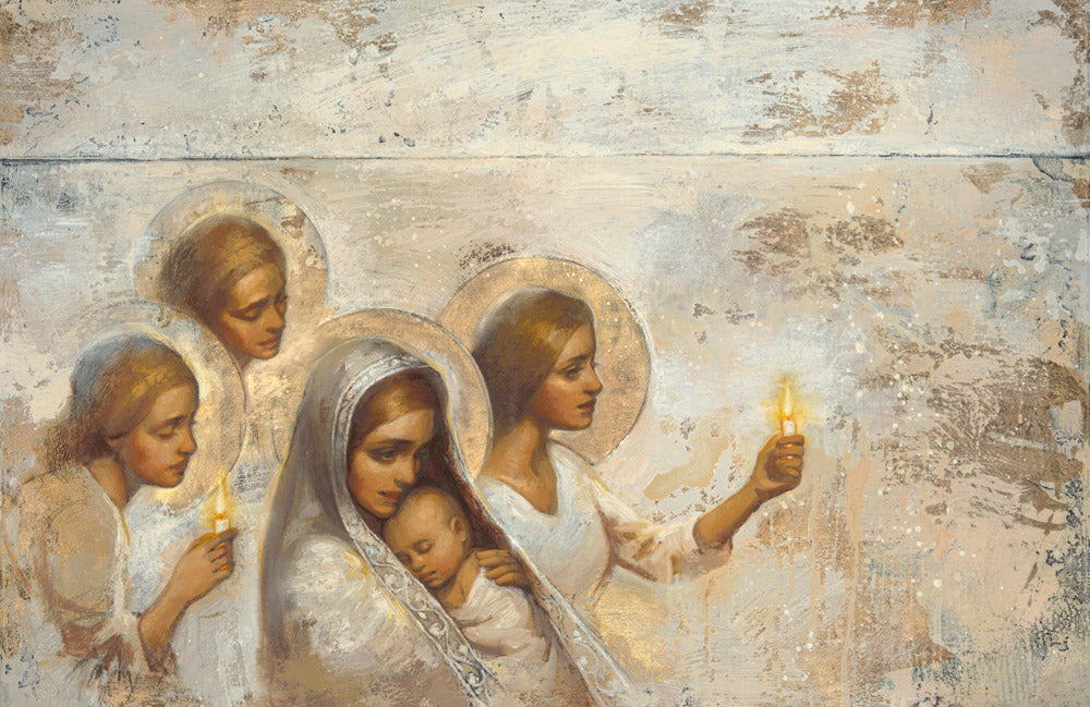 Angels surrounding a young mother holding an infant.