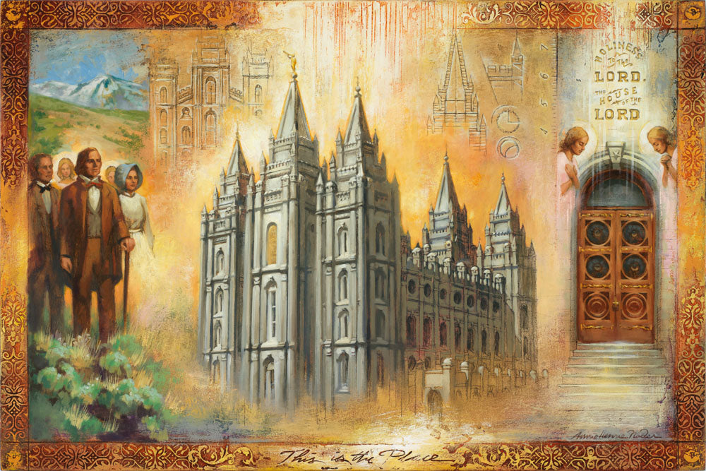 Brigham Young looking at the Salt Lake Temple. Temple doors.