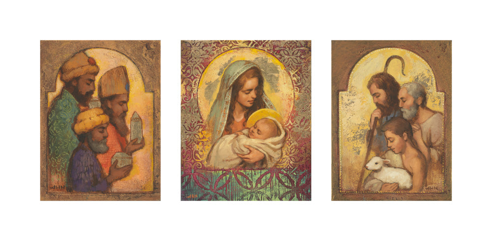 A tryptic of shepherds, wisemen bringing gifts and Mary holding Jesus.