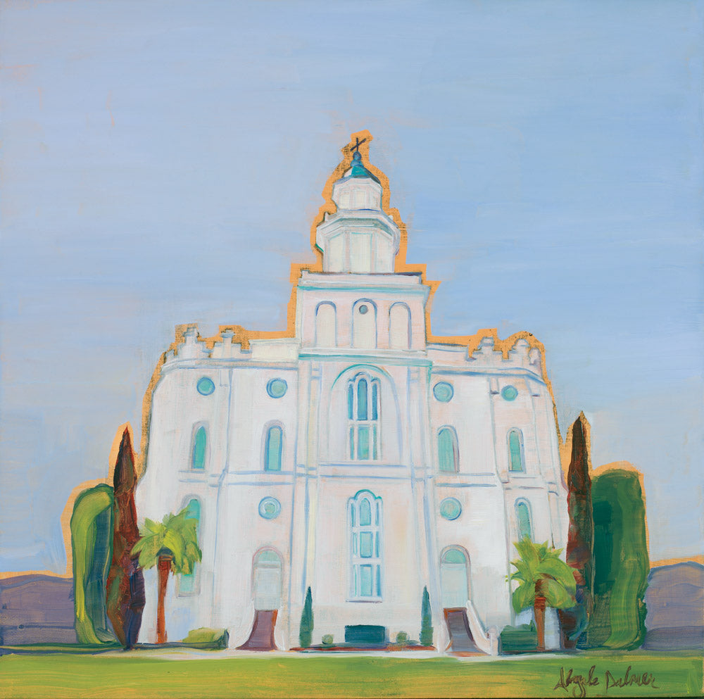 Painting looking up at the St. George Utah Temple with blue skies.