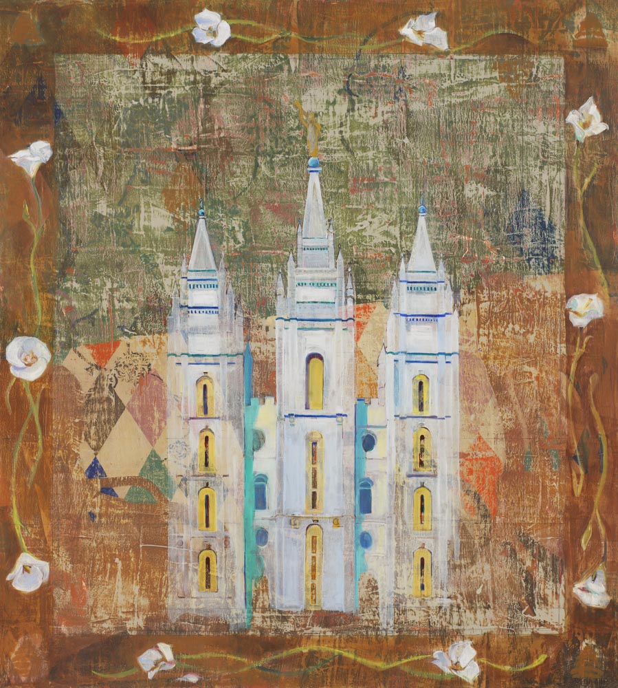 Painting of the Salt Lake Utah Temple with a white flower border.