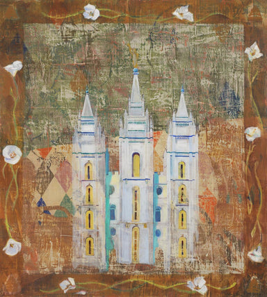 Painting of the Salt Lake Utah Temple with a white flower border. 