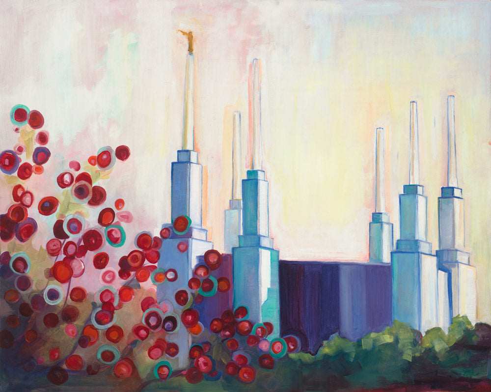 Painting of the Washington DC Temple with Cherry blossoms.