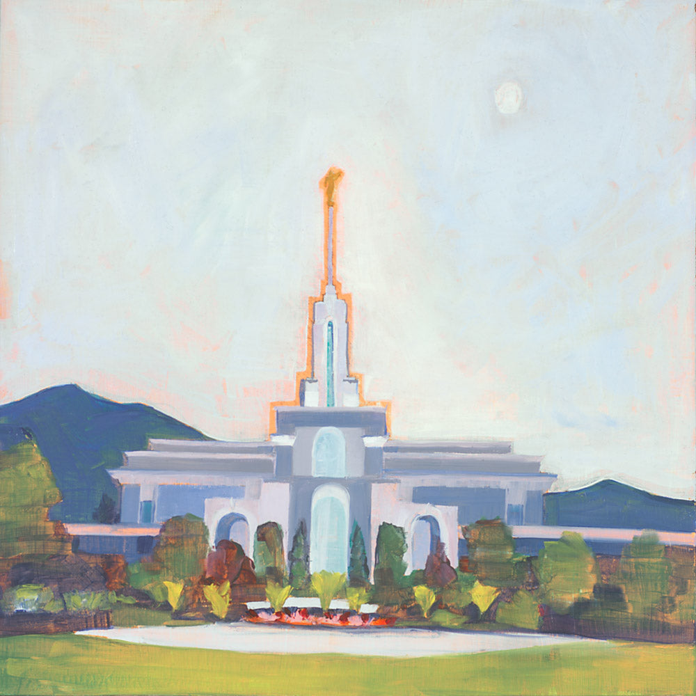 Painting of the Mount Timpanogos Temple with blue skies.