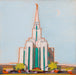 Painting of the Oquirrh Mountain Temple with light blue sky. 