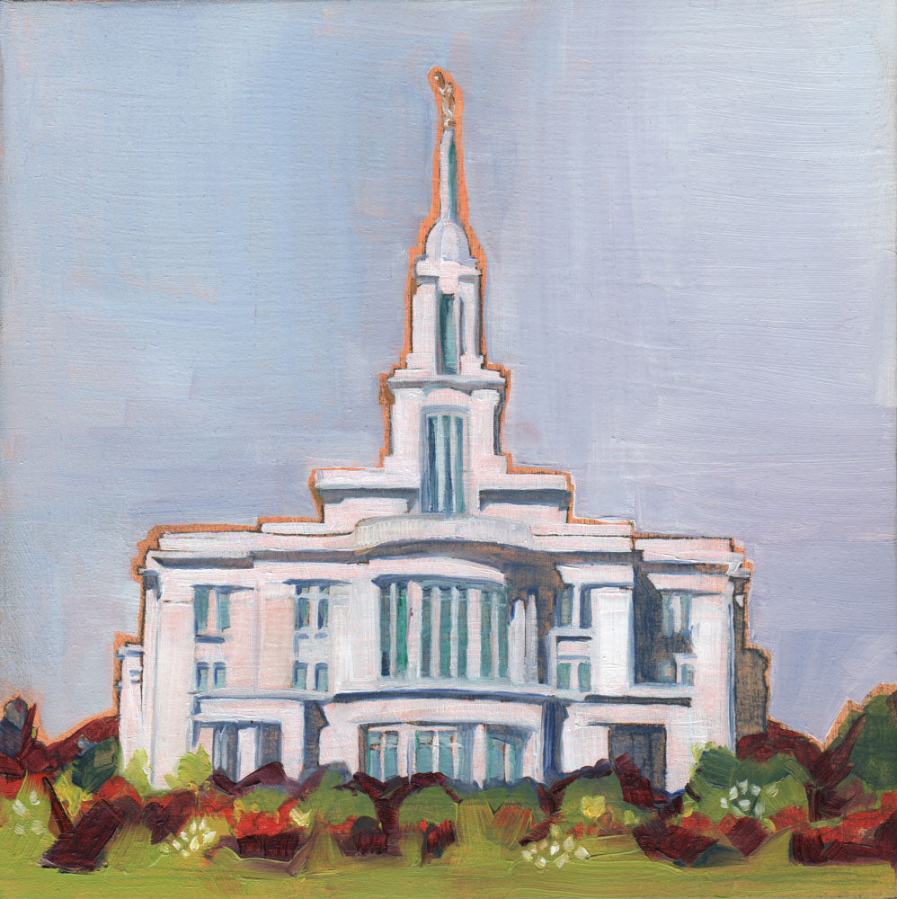 Painting of the Payson Utah Temple with blue skies.