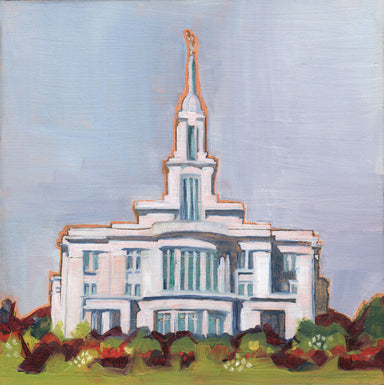 Painting of the Payson Utah Temple with blue skies. 