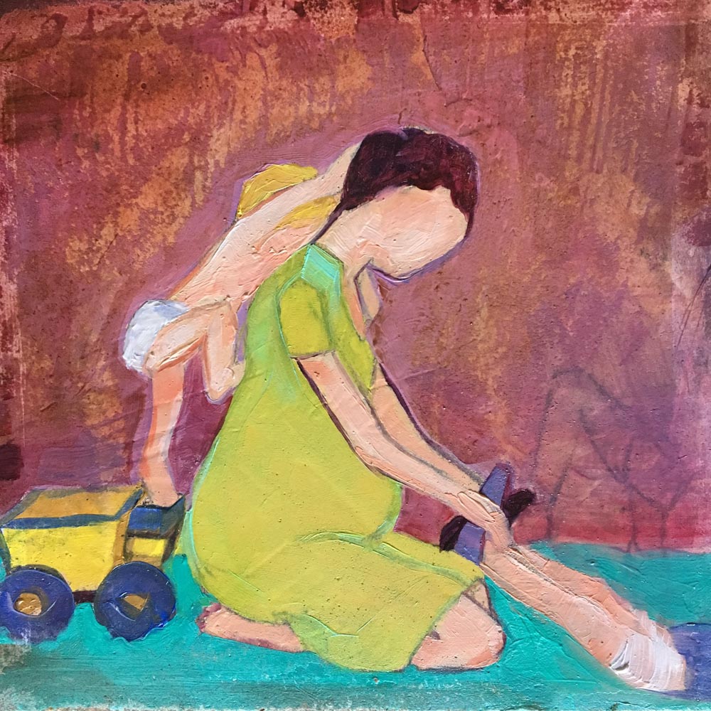 Painting of a mother and her child in a diaper climbing on her back faceless.