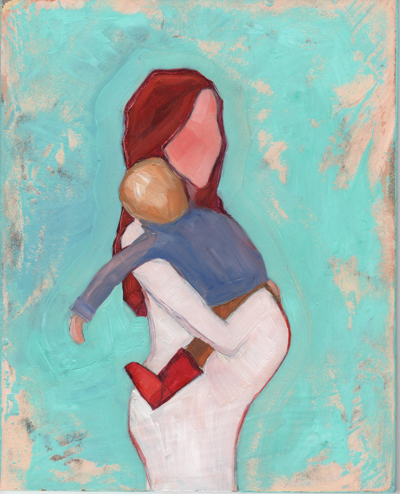 Painting of a faceless mother pregnant in a white dress while holding a child.