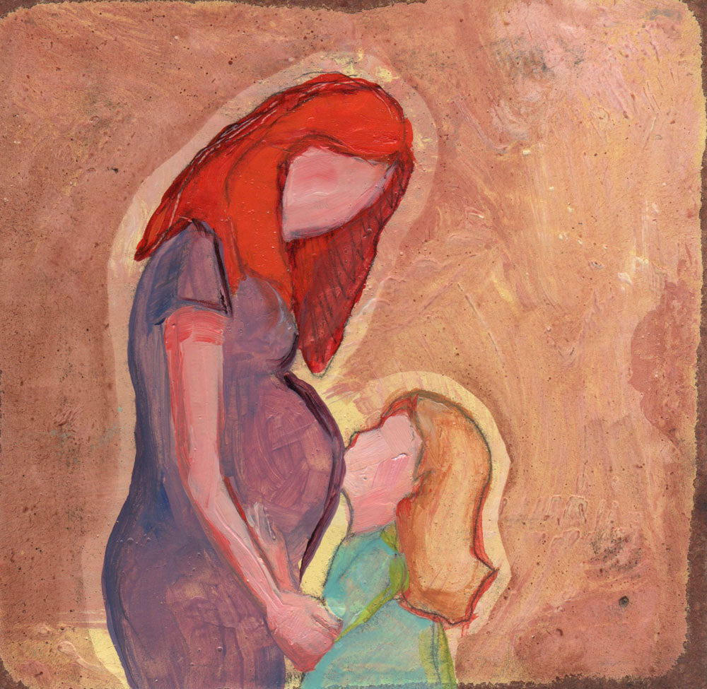 Faceless figures of a child kissing a pregnant mothers belly.