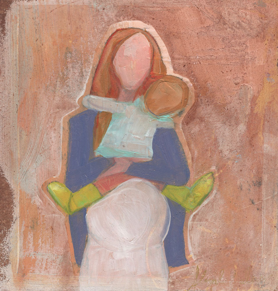 Faceless figures of a pregnant mother holding a child.
