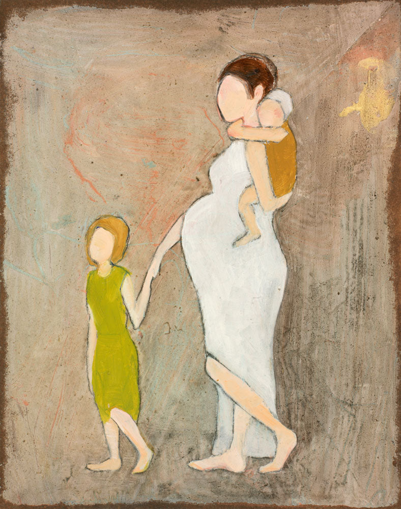 Faceless figures of a child guiding her pregnant mother dressed in white.