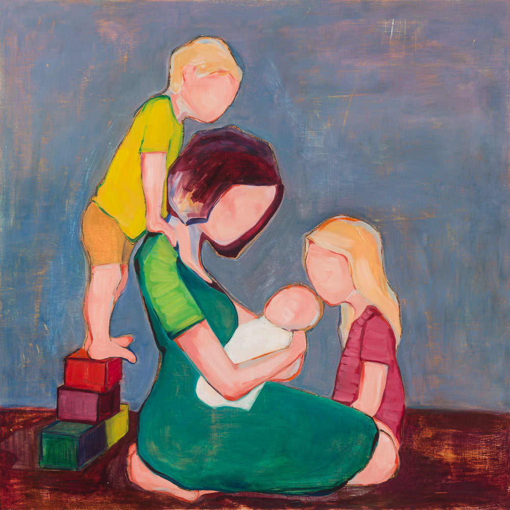 Faceless figures of a mother and her children looking at a baby.
